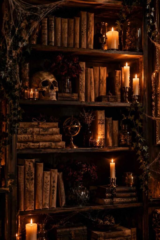 28 Halloween Party Decorations Indoor: Spooky Ideas That Transform Any Room 15 Bookshelf styled as a haunted study with a skull, dried roses, and candles for Halloween