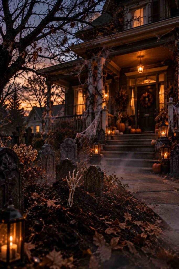 Haunted graveyard porch with foam tombstones and a skeleton hand rising from the soil.