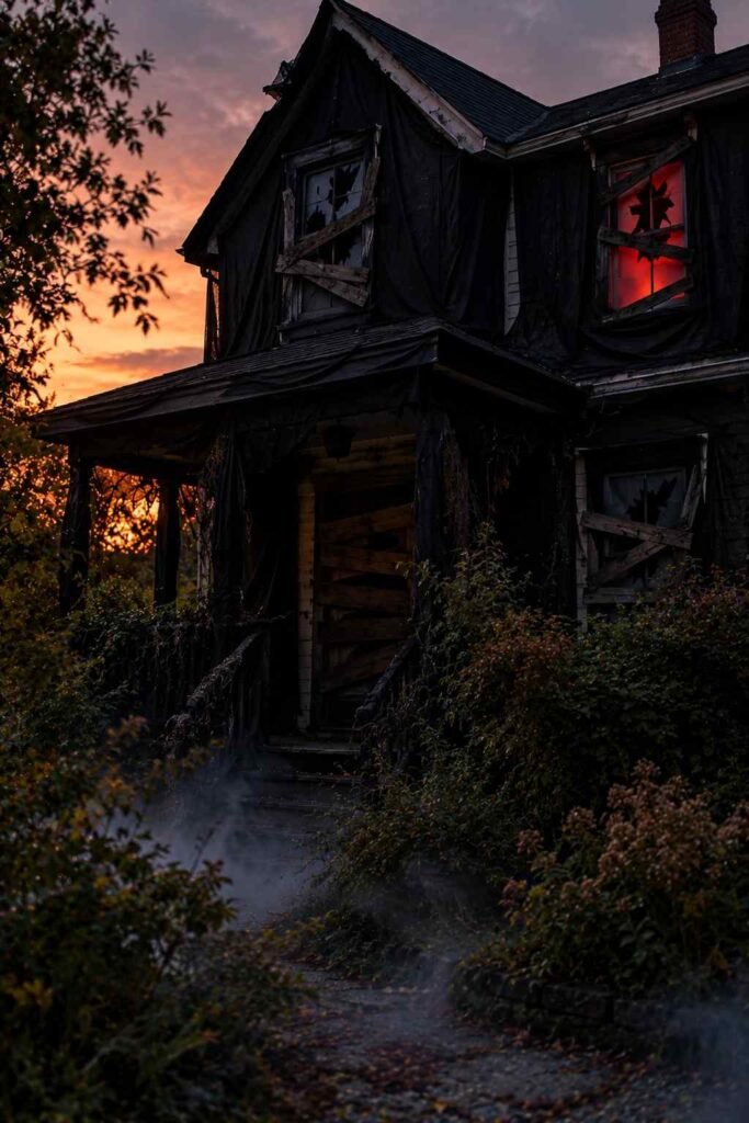 House front styled as a haunted house with boarded windows and a red glow, an outdoor decorations Halloween showstopper