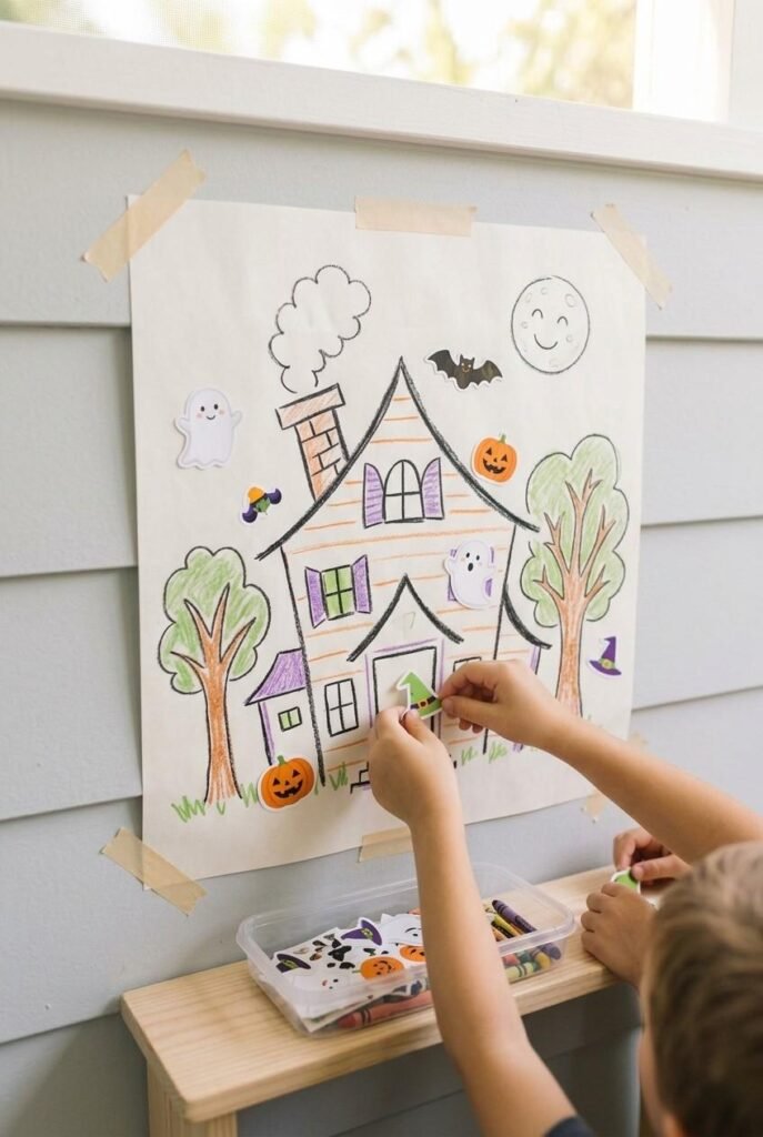 Butcher-paper haunted house mural covered in stickers at a kids’ Halloween party.