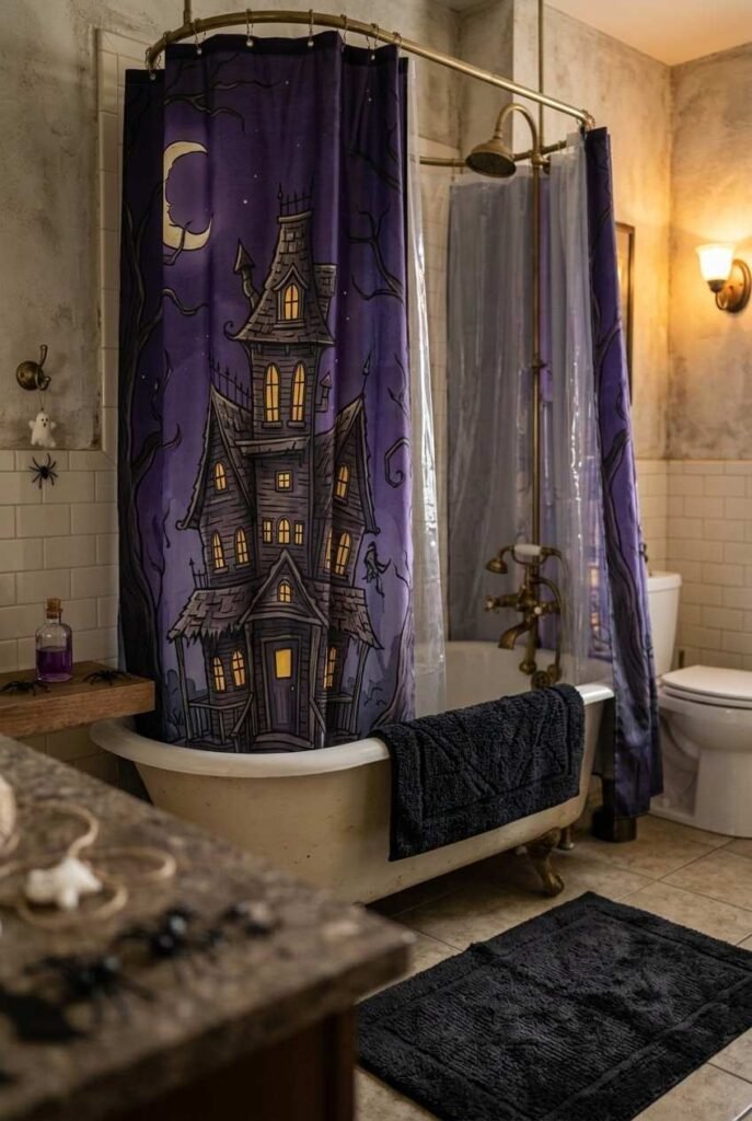 Haunted house shower curtain with glowing windows over a bathtub in a Halloween bathroom