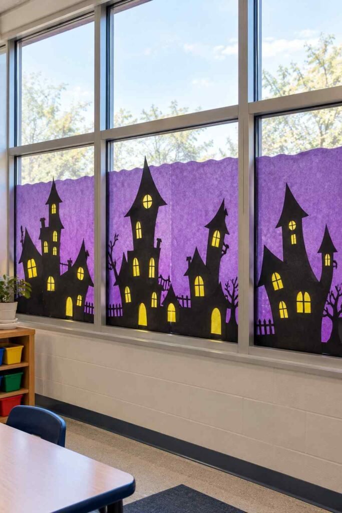 Black paper haunted house skyline with glowing yellow tissue windows on a school window.