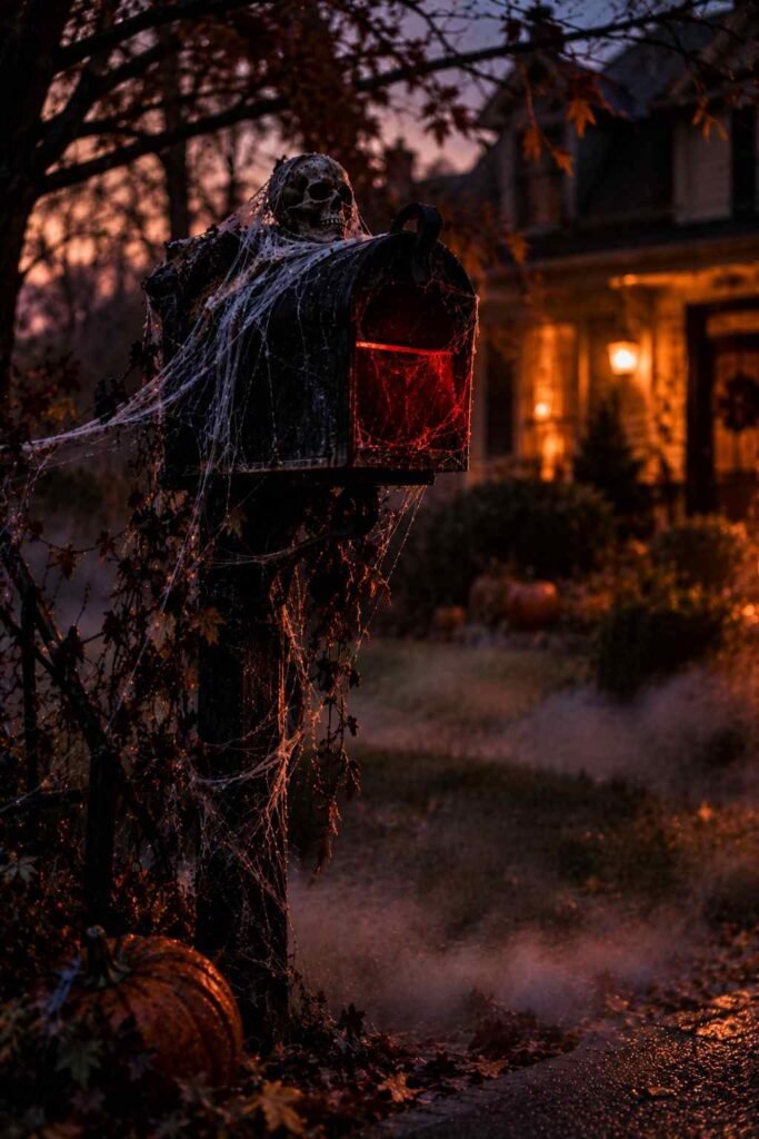 Haunted mailbox decorated with webbing, a skull, and a red glow for Halloween.