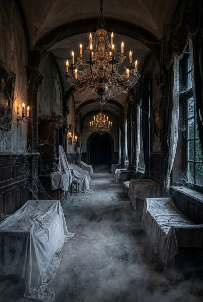 28 Spooky Halloween Theme Ideas to Make October 31 Unforgettable 3 Haunted mansion Halloween theme with sheet-covered furniture, tattered curtains and flickering candles.