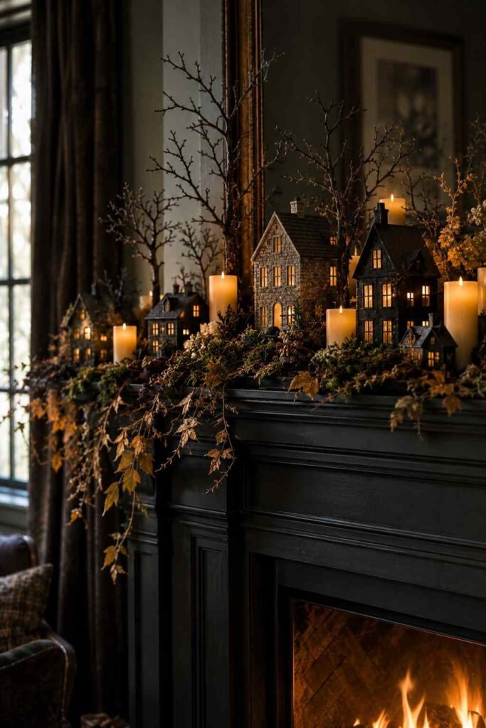 28 Halloween Mantel Decor Ideas: Spooky, Elegant and Family-Friendly Styles 7 Miniature haunted village with glowing windows displayed on a mantel.
