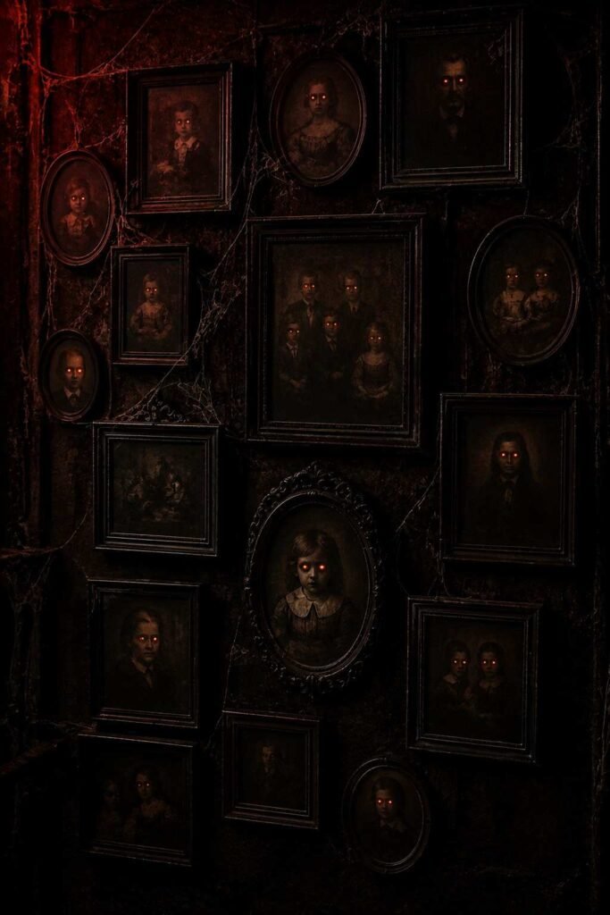 28 Halloween Party Decorations Scary Enough to Terrify Every Guest 11 Wall of black frames with eerie gothic portraits and glowing eyes as haunted Halloween party decor.