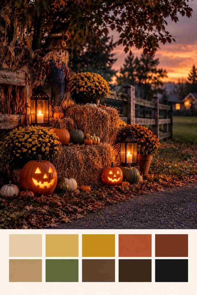 Hay bales with a scarecrow, mums, and gourds in rustic harvest colors above a 10-swatch palette strip