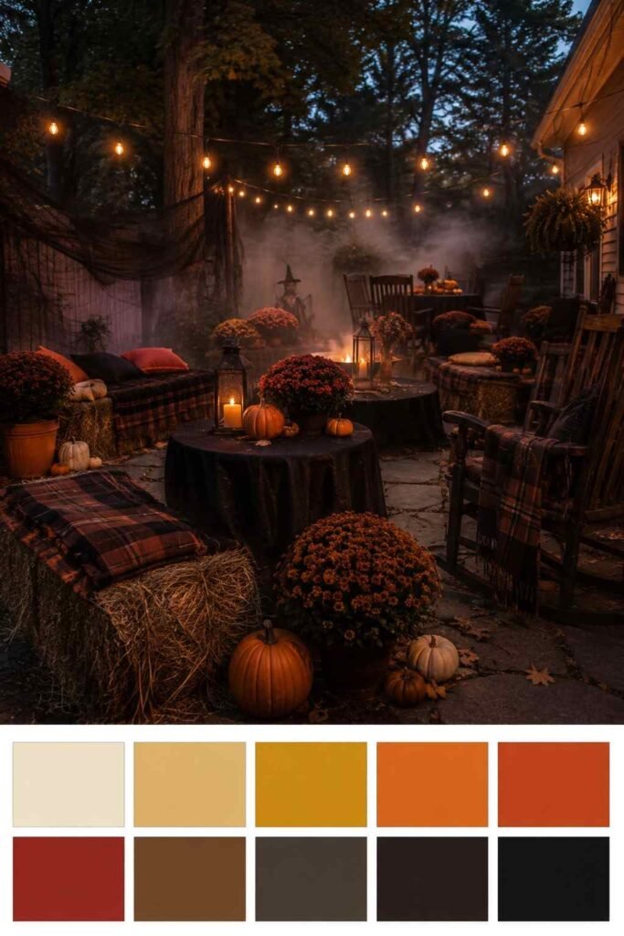 Patio with plaid-covered hay bales, mums, and pumpkins under string lights; color palette strip below shows warm oranges, mustard, and charcoal.