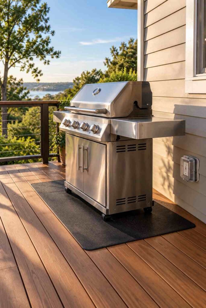 30 Outdoor Kitchen Ideas on Deck: Smart Layouts, Materials for Small, Mid-Size, and Large Spaces 3 Gas grill on a deck with a heat-resistant mat beneath it and safe clearance from the house wall.