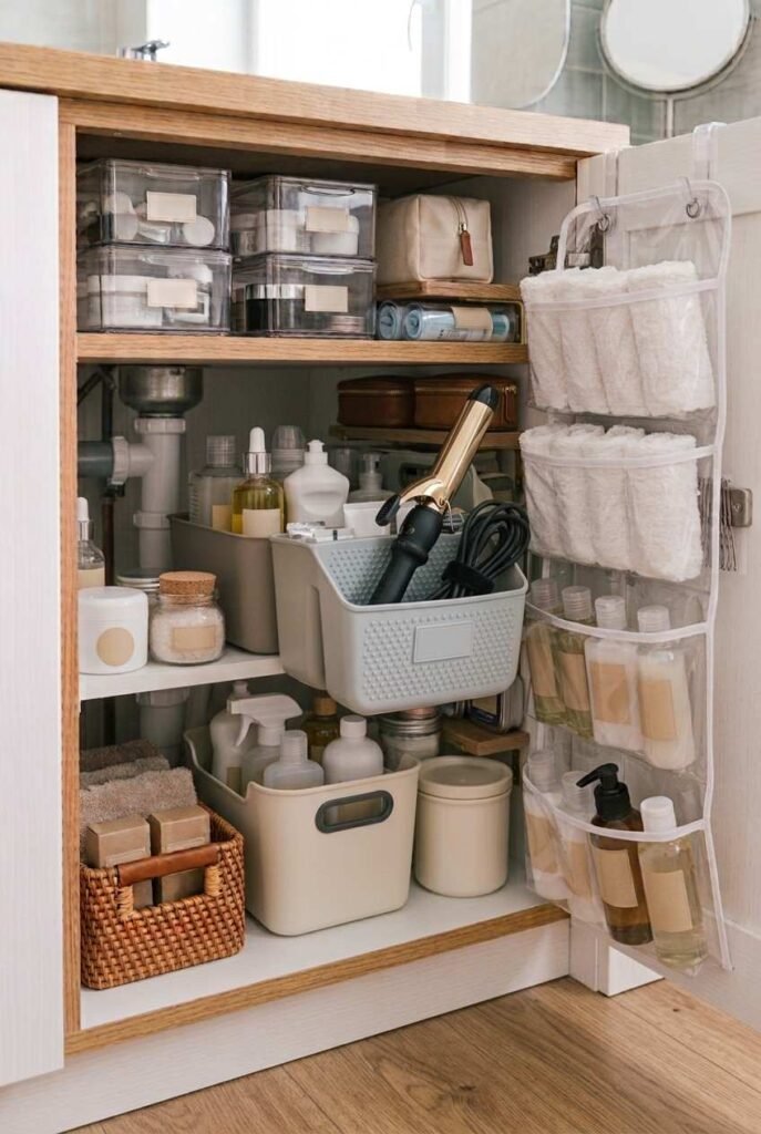 26 Bathroom Storage Ideas Under Sink for a Tidier, Roomier Vanity 18 Heat-resistant pouch holding a curling iron inside a sink cabinet