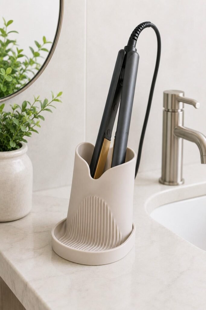 Heat-safe holder with a hair straightener on a bathroom counter