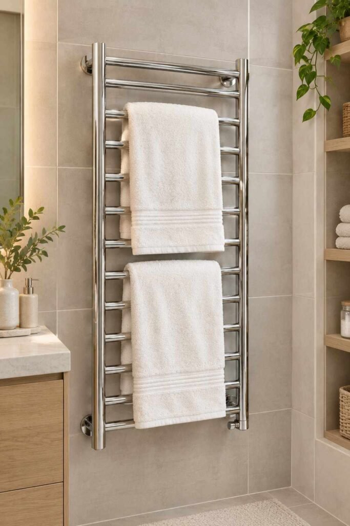 27 Bathroom Storage Ideas For Towels That Fit Into Tiny Powder Rooms to Primary Baths 7 Chrome heated towel warmer holding two white bath towels on a tiled wall.