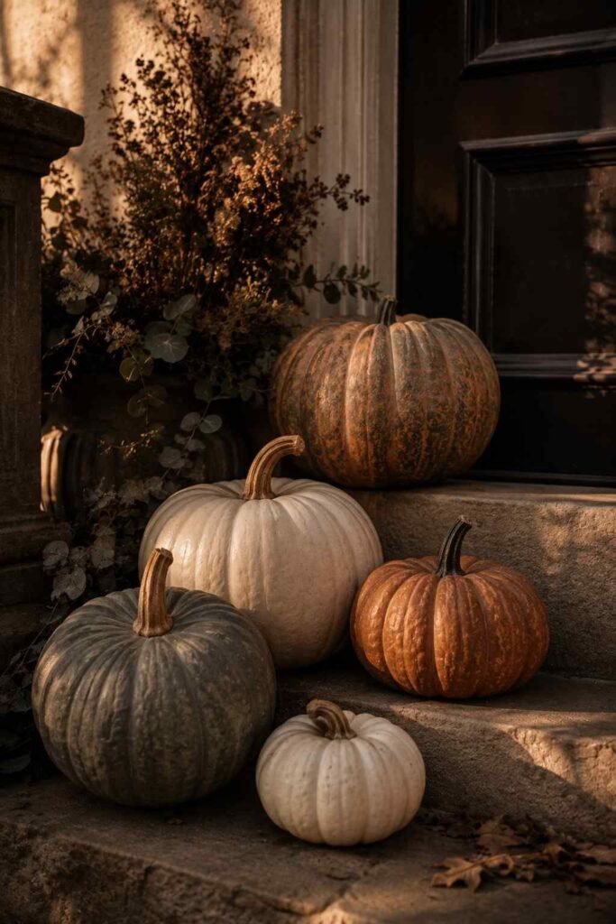 Cluster of five heirloom pumpkins on stone porch steps beside a dark door