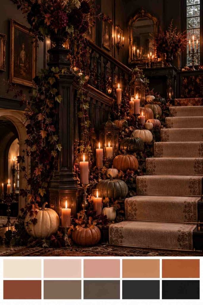 30 Halloween Party Decorations for Adults: Moody, Spooky, Stylish Ideas for Any Home 16 Heirloom pumpkins on a staircase in a muted Halloween color palette with a swatch strip below.
