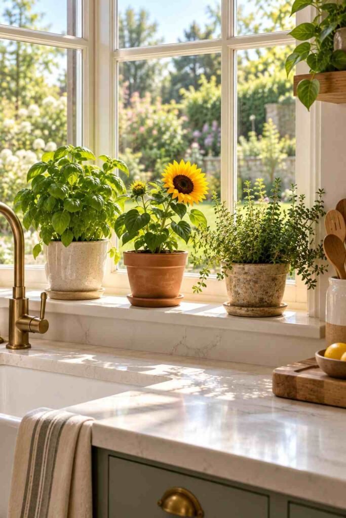 30 Sunflower Kitchen Decor Ideas Modern: From Wall Art to Backsplash Tile 19 Potted herbs and a small sunflower on a bright kitchen windowsill.