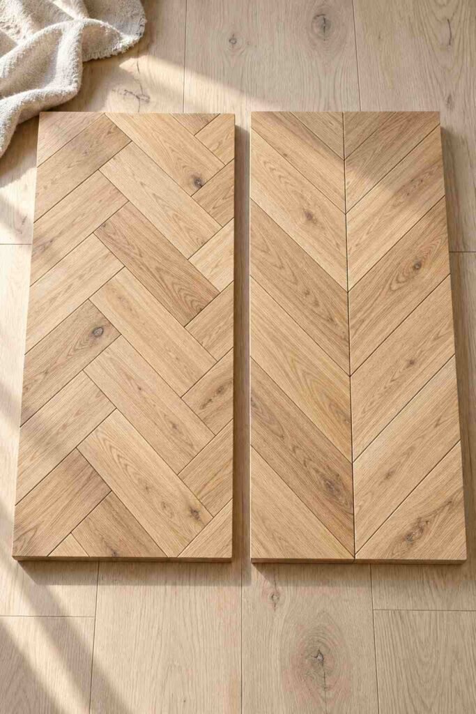 30 Scandinavian Interior Design Ideas with Wood Block Flooring for a Warm, Light-Filled Home 2 Herringbone and chevron wood block flooring samples compared side by side