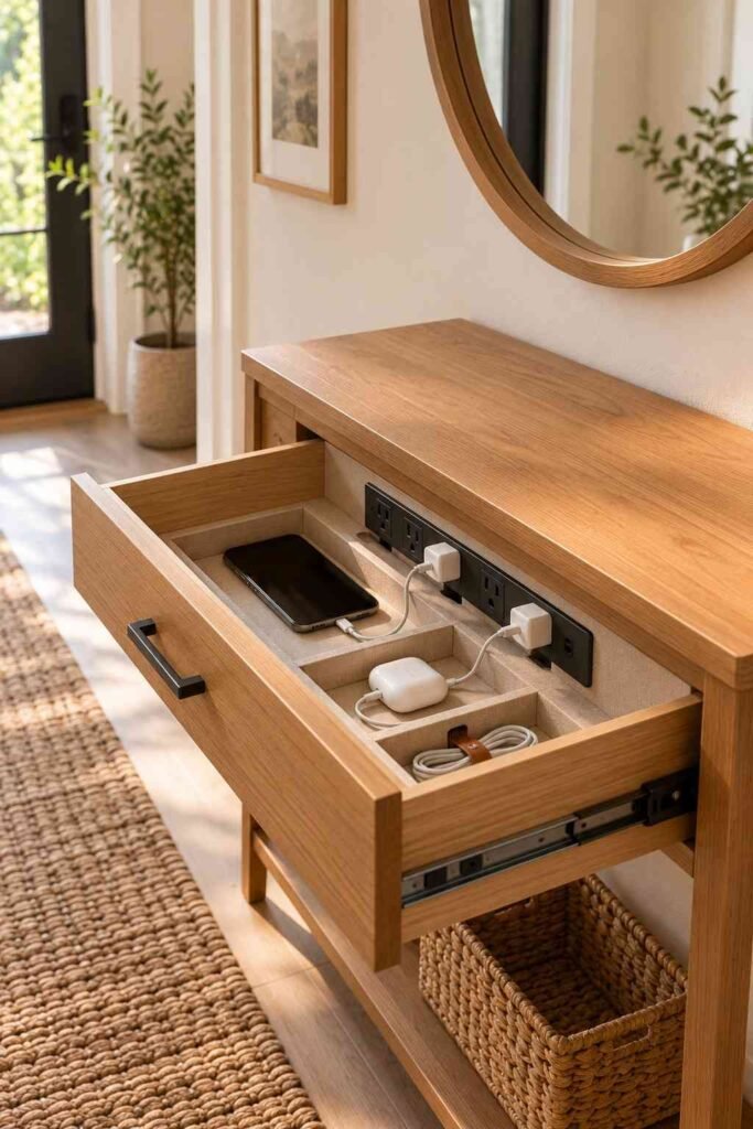 Console drawer with a hidden charging station for phones and earbuds