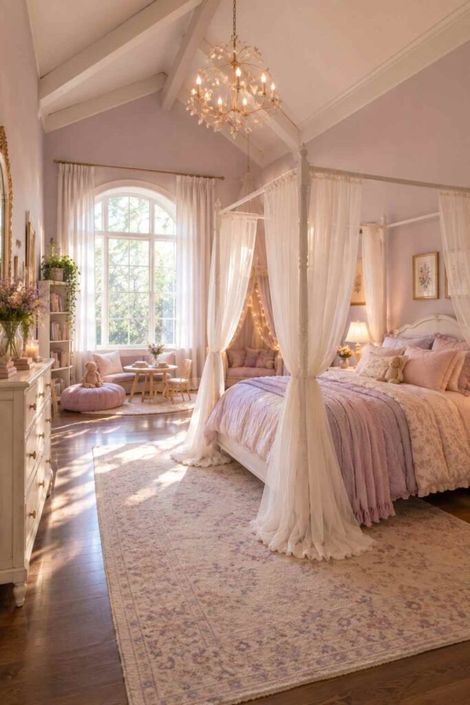 30 Canopy Bed Ideas for Princess Bedroom: Dreamy, Safe & Budget-Friendly 2 Four-poster canopy bed in a high-ceiling girl's bedroom with space for a dresser and play area