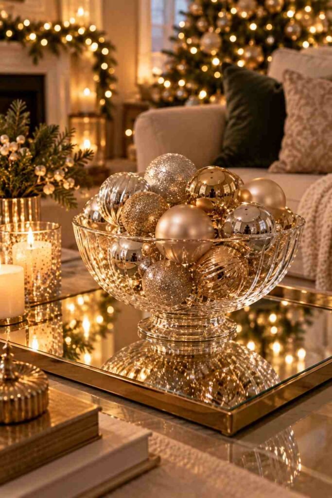 Silver and gold ornaments in a glass bowl on a square mirror.