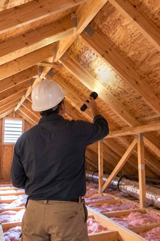 Home inspector with a flashlight checking attic framing in an older house.
