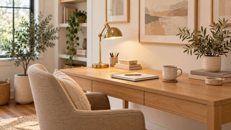 home office decor ideas aesthetic, Soft neutral aesthetic home office with blonde wood desk and sage plant