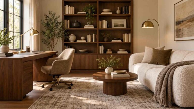 Home Office Decor Ideas With a Couch, Warm neutral home office with cream couch and walnut desk