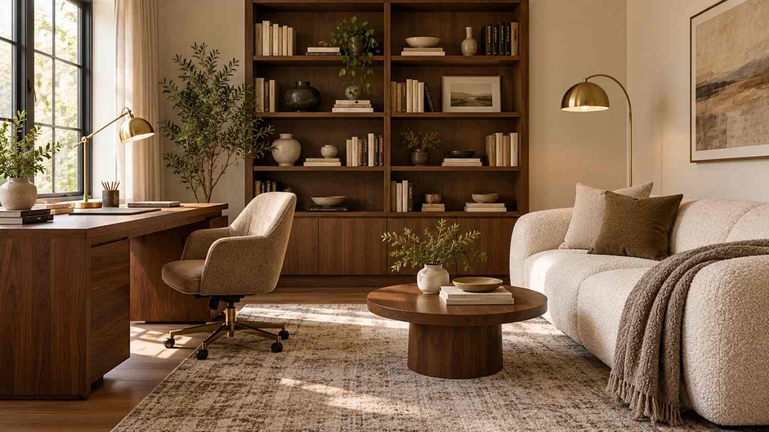 Home Office Decor Ideas With a Couch, Warm neutral home office with cream couch and walnut desk