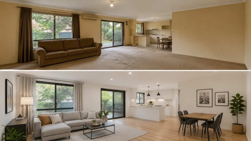 Living room home remodeling before and after with warm whites, greys, blonde wood and charcoal.
