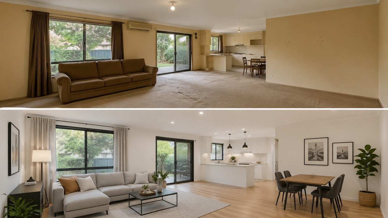 Living room home remodeling before and after with warm whites, greys, blonde wood and charcoal.