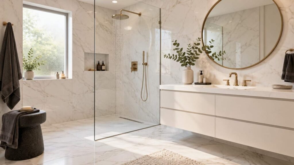 home remodeling ideas bathroom, Spa-style bathroom with marble tile, walk-in shower, and gold fixtures, with a white, gold, and charcoal
