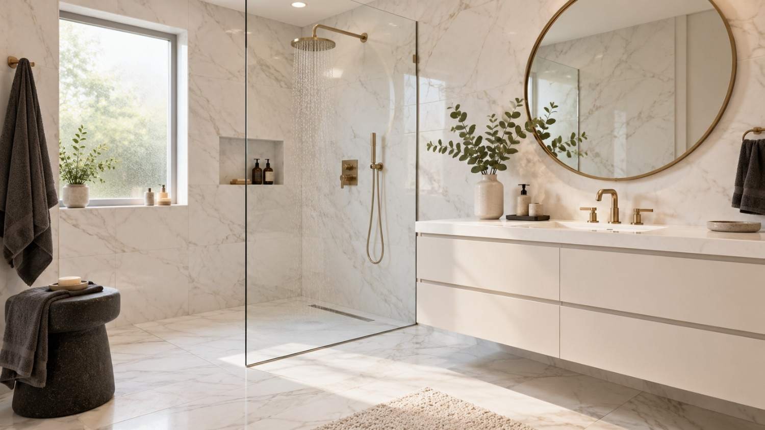 home remodeling ideas bathroom, Spa-style bathroom with marble tile, walk-in shower, and gold fixtures, with a white, gold, and charcoal