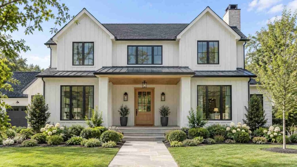 home remodeling ideas outside Remodeled modern farmhouse exterior with warm white siding and blonde wood door