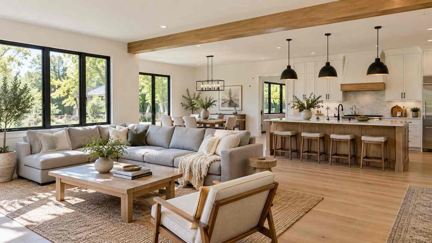 home remodeling ideas rambler, Open-concept rambler living room and kitchen with warm white walls, blonde wood floors, and charcoal accents,