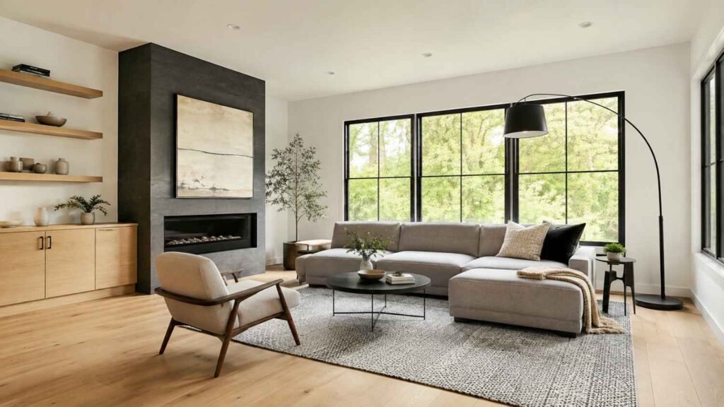 Home Remodeling Living Room Ideas, Bright remodeled living room with warm white walls and blonde wood floors,