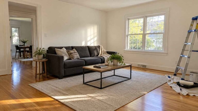 home remodeling on a budget fixer upper, Freshly painted living room in a budget fixer-upper with warm white, grey, blonde wood and charcoal.