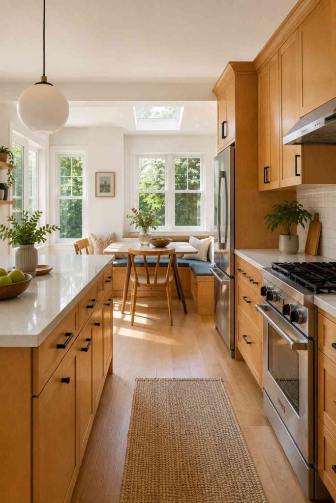Sunny kitchen with honey-toned maple cabinets and white countertops