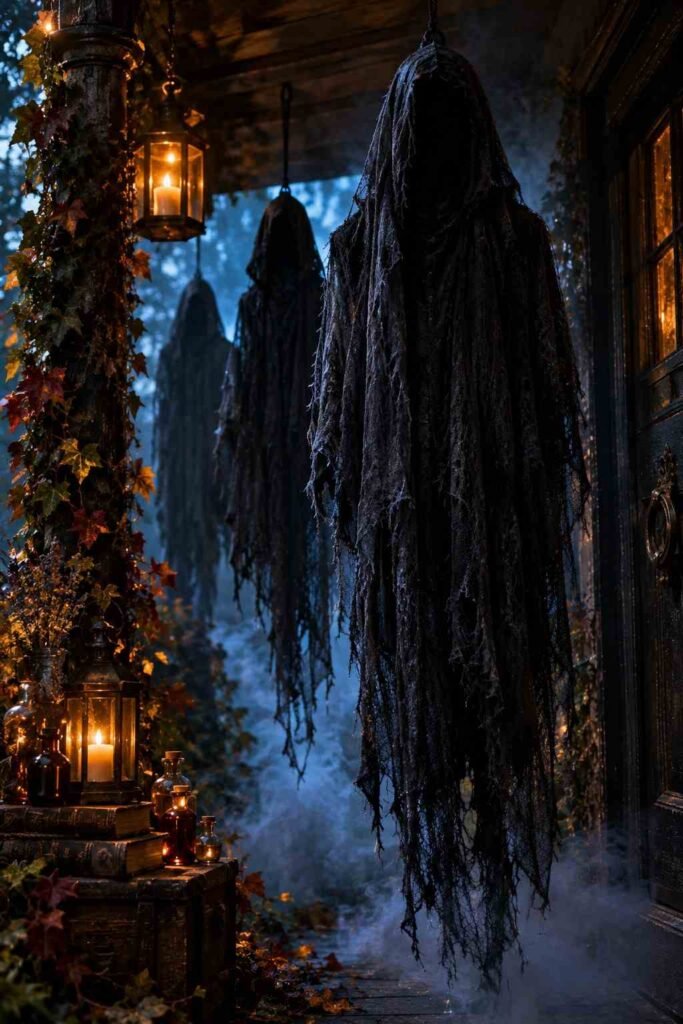Tall hooded black gauze figures hanging at the edge of a porch with cool blue backlight.