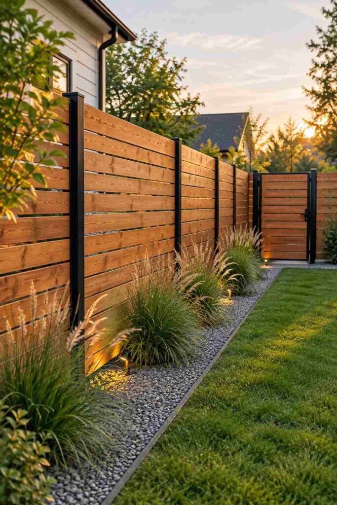 Horizontal slat cedar privacy fence with ornamental grasses