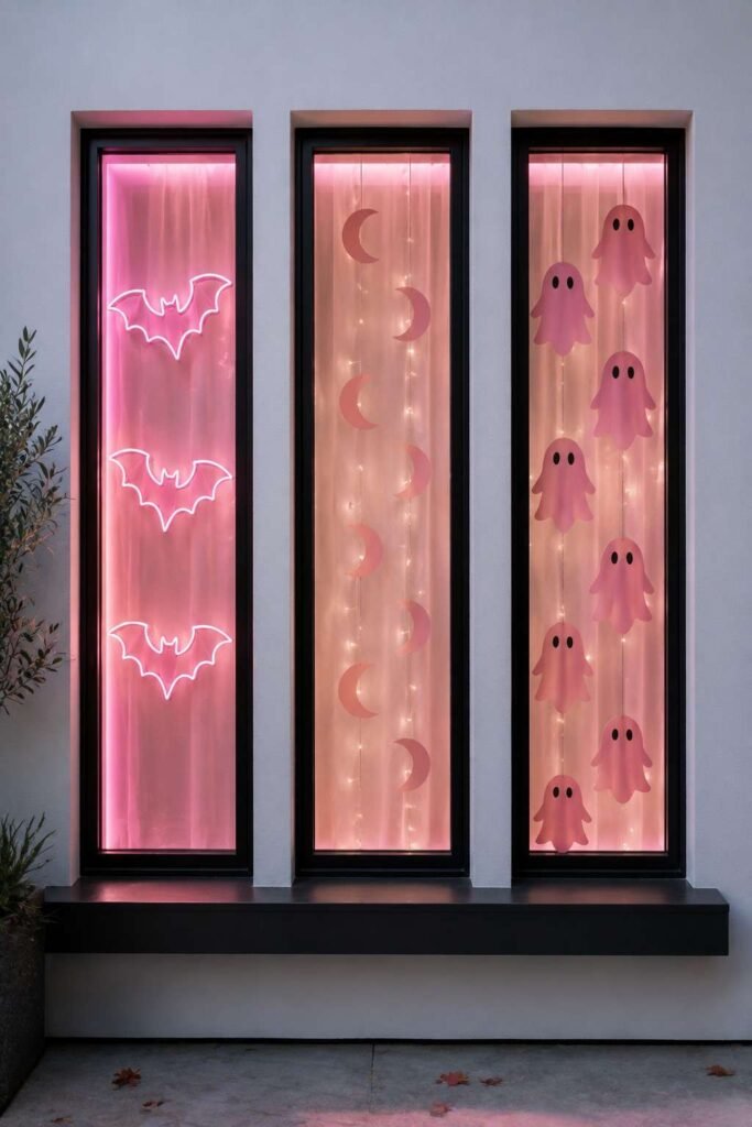 Three windows showing hot pink, blush and bubblegum pink Halloween window decoration styles.
