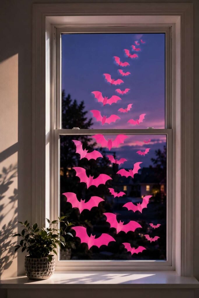 Hot pink paper bats arranged in a spiral on a window as a Halloween decoration.