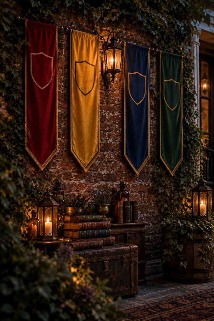 Four tall felt banners in red, yellow, blue, and green hanging on a covered porch wall.