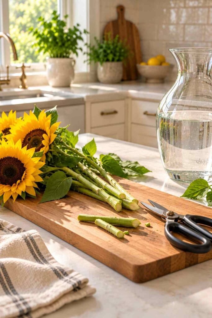 30 Sunflower Kitchen Decor Ideas Modern: From Wall Art to Backsplash Tile 20 Fresh sunflower stems cut at an angle beside a glass vase on a kitchen counter.