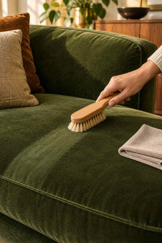 26 Glam Green Velvet Couch Living Room Design Ideas: Emerald, Sage and Olive 20 Soft brush smoothing the pile of a green velvet couch cushion along the nap