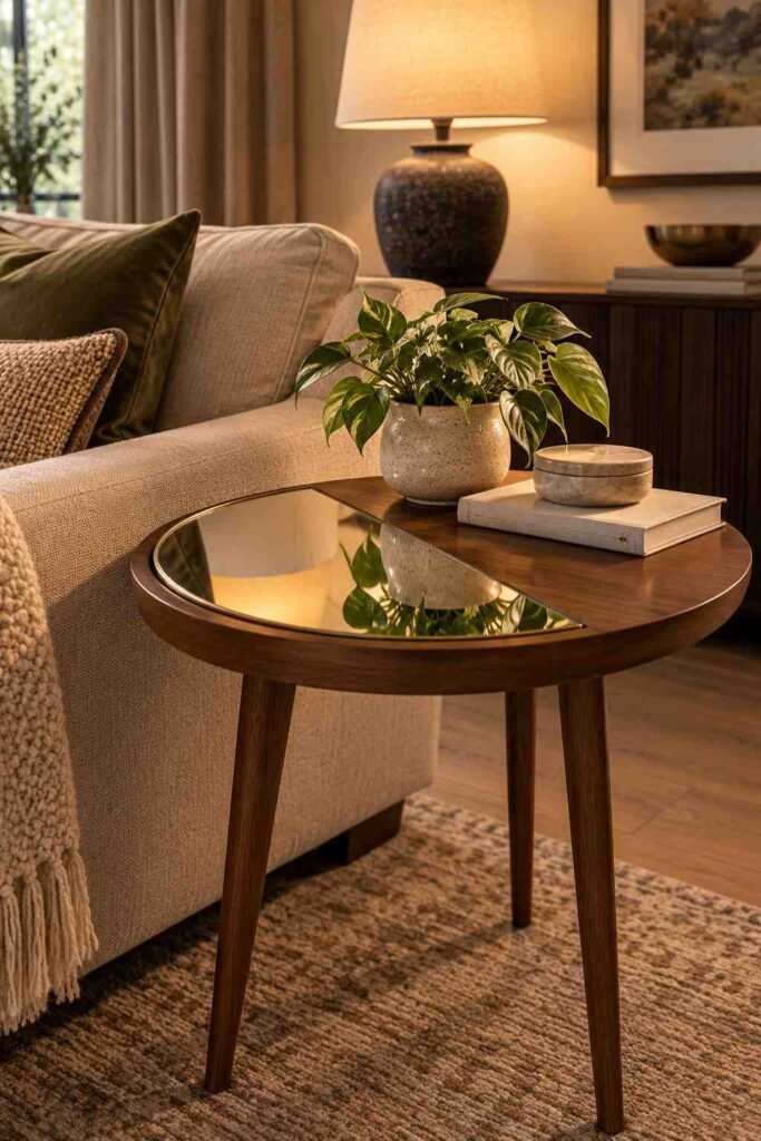 Round side table with a mirror covering half the surface, showing the right scale for mirror table decor.