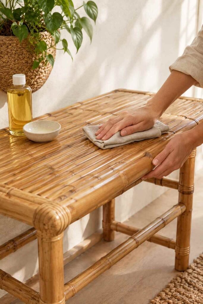 28 Beautiful Bamboo Entryway Storage Ideas for a Tidy, Natural Home 19 Hands wiping a bamboo bench with a barely damp cloth beside mineral oil and mild soap