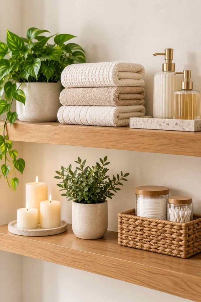 Styled bathroom shelf with folded towels, matching bottles, candles, and a plant.