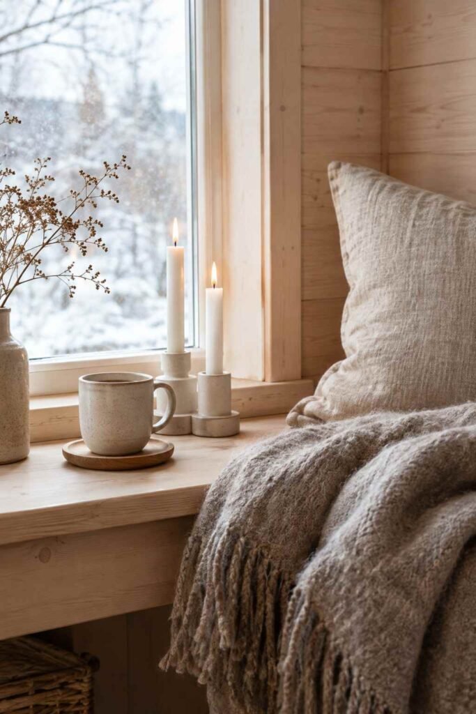 Hygge-style corner with wool throw, candles, and mug on a wooden bench.