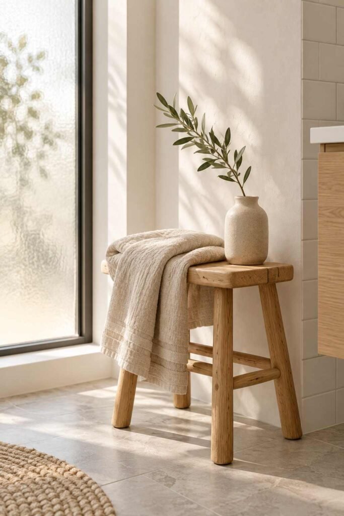 Folded linen towel on a wooden stool in a calm hygge-style Nordic bathroom