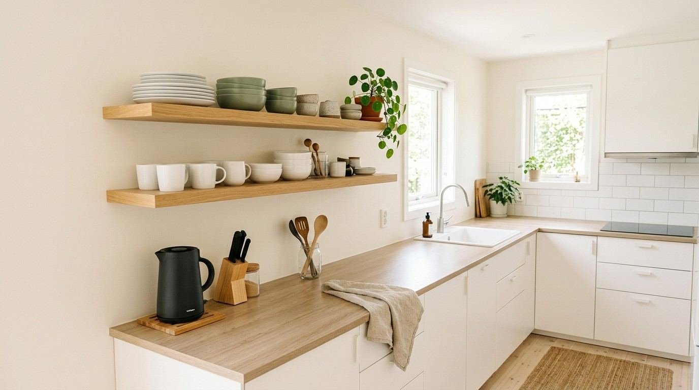 ikea kitchen open shelving ideas, Bright kitchen with blonde wood floating shelves and sage ceramics