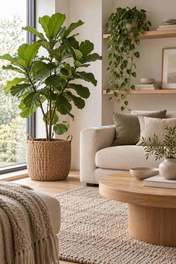 Fiddle-leaf fig and trailing plants in a bright Scandinavian living room